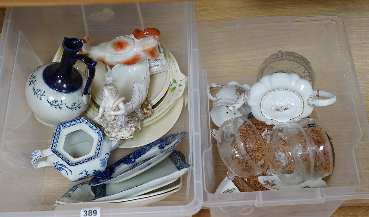 Miscellaneous ceramics and glassware to include Royal Dux cow creamer, a figural centrepiece and a set of six etched glass bowls. Condition - varies, mostly fair